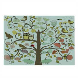 Lunarable Forest Cutting Board, Tree Doodle with Whirling Branches Flowers Roses Flourishing Owls Birds Bee, Decorative Tempered Glass Cutting and Serving Board, Large Size, Umber Yellow