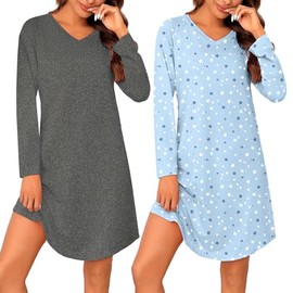 Marvmys 2 Pack Long Sleeve Nightgowns for Women Cotton Night Gowns Sleepwear Nightshirt Dark Gray & Stars 2XL