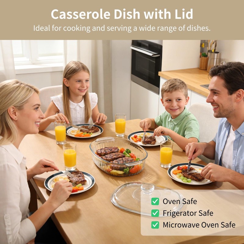 1.9 QT Oval Glass Casserole Dish with Lid and Handle,