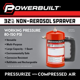 Powerbuilt 1 Quart Refillable Non-Aerosol Pressurized Sprayer for Oil, Lubricants, Degreasers - 32oz Canister with Brass Nozzles & Stainless-Steel Corrosion Resistant Inner Lining (Red) - 643090ECE
