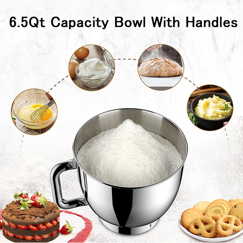 Stand Mixer, 6.5QT Electric Kitchen Mixer, 6+P Speed Adjustable Tilt-Head
