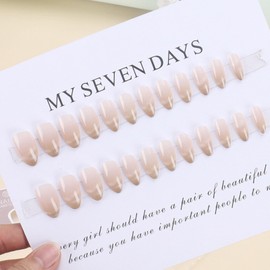 POKENGDA Nude Press on Medium Nails Design,Almond Acrylic Daily Shiny Fake Nails,Reusable Cat Eyes False Nail Kits for Women