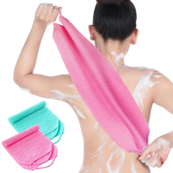 Back Scrubber for Shower Exfoliating Washcloth Back Cloth Body Extended Length Scrubber Towel Nylon Exfoliating Stretchable Pull Strap Wash Cloth for Bath Body Scrub Washcloth 2 Pack (Pink,Mint)