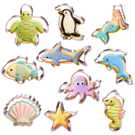LUBTOSMN 10-Piece Ocean Cookie Cutter Set - Shark, Mermaid, Dolphin, Sea Turtle, Octopus - Dishwasher Safe Stainless Steel Molds for Under The Sea Birthday Party & Summer Baking