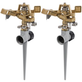 Biswing 2 Pack Impact Sprinklers with Stand (Spike), Heavy Duty Zinc Alloy Lawn Sprinkler Head on Spike Base, Adjustable Watering Sprinkler for Large Area Grass Yards Patio Garden Irrigation