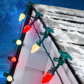 C9 LED Christmas Lights Outdoor with 50 Spring Clips, 50ft 50 LED Waterproof Strawberry String Lights, Commercial Grade Extendable Perfect for Roofline Patio House Xmas Decor, Red & Warm White