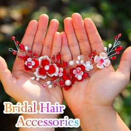 Unicra Red Flower Hair Vine Silver Bridal Wedding Hair Pieces Pearl Hair Accessories for Brides and Women