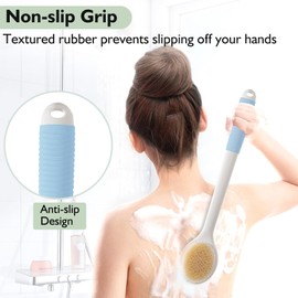 VANZAVANZU 17 Inch Anti-Slip Long Handle Back Scrubber for Shower – Dual-Sided Shower Brush and Shower Back Scrubber with Soft and Stiff Bristles for Wet or Dry Brushing (Blue)