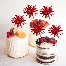 20Pcs Red Foil Firework Cupcake Toppers, Ruby Wedding Anniversary Decorations, for Birthday Wedding Anniversary New Year Party Supplies