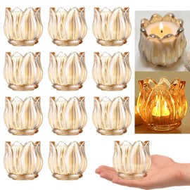 GOLDEAL 12Pcs Gold Votive Candle Holders, Thick Glass Tea Light Candle Holder Bulk, Tealight Candle Jars for Wedding Table Decor, Party Supplies, Bridal Shower Decorations, Centerpieces for Tables