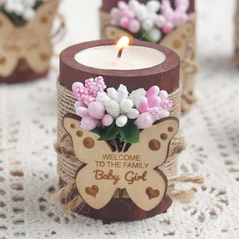 10 Piece Wooden Butterfly Tealight Candle Holder for Baby Shower Favors for Guests, Girl Baptisms Return Gifts, Baby Gender Reveal Favors, Baby Christening Butterfly Favors.(Dark Brown-Pink)