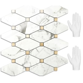 STICKGOO 10 Sheets Peel and Stick Backsplash Tile, Polished Carrara White Marble Look Stick on Backsplash for Kitchen Wall and Bathroom, Glossy Waterproof Self Adhesive Wall Tiles