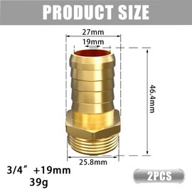 Atisite Brass Hose Nozzle 19 mm Barb x 3/4 Inch Male Thread, Brass Hose Connection Plug with Hexagon, Hose Nipple Connector for Pipe Connections (Pack of 2)