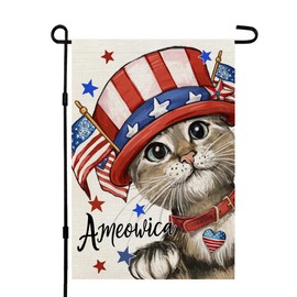 CROWNED BEAUTY 4th of July Patriotic Cat Garden Flag 12x18 Inch Double Sided Small Burlap for Outside Independence Day Holiday Yard Flag CF1582-12
