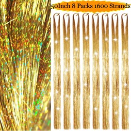 Hair Tinsel Gold 50inch 8packs 1600 Strands Tinsel Hair Extensions Shiny Hair Accessories Sparkling Fairy Glitter Hair Extension for Women Girls Kids(50",Gold)