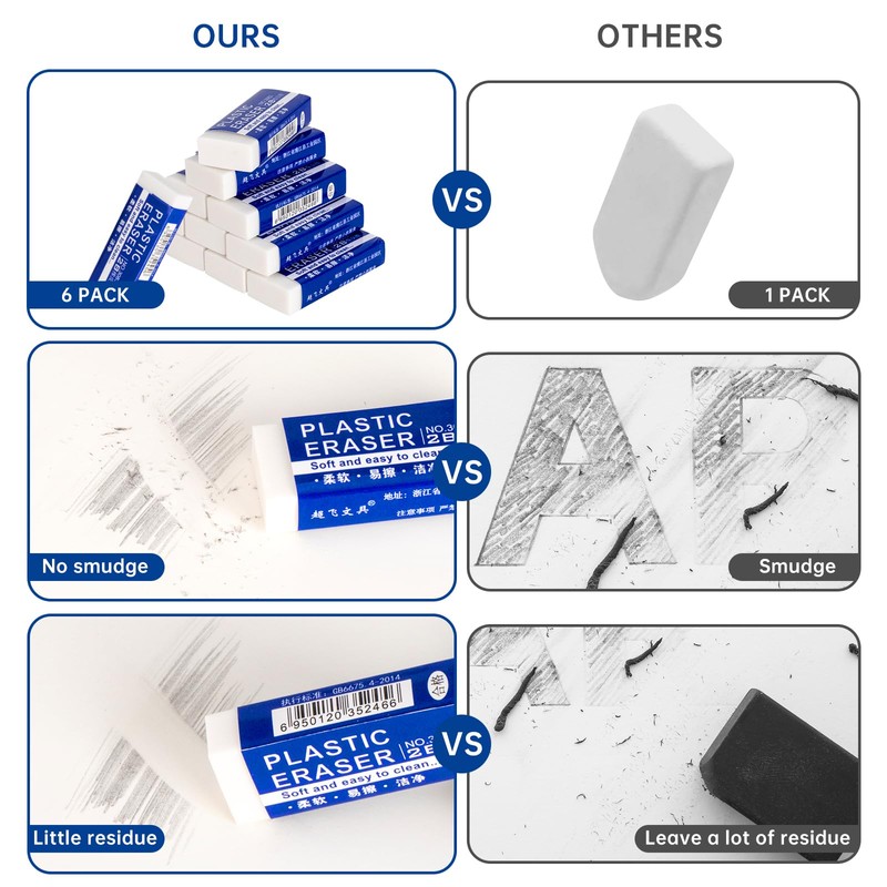 6 Pack Pencil Erasers, Large White Erasers for School, Art