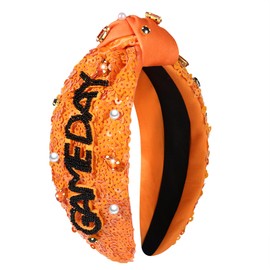 GLBCC Game Day Knotted Headband for Women Pearl Rhinestone Jeweled Wide Knot Headband Football Baseball Basketball Sequin Beaded Game Day Sports Headband Accessories (orange)