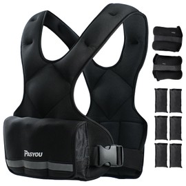 PASYOU Adjustable Weighted Vest 10LB-22LB with Reflective Strip Body Weight Vest with 6 Ironsand Weights 2 Ankle Weights for Men Women Running Weights Vest for Cardio Strength Training Walking Black