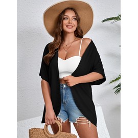 AusLook Plus Size Cardigan for Women Lightweight Open Front Short Sleeve Loose Fit Summer Cardigan with Pockets Draped Beach Kimono Cover Up Blouse Tops Black 4X