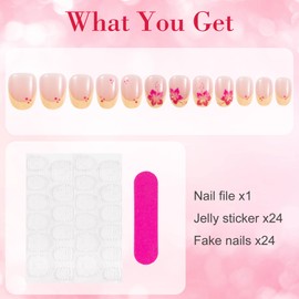Winsyison 24pcs French Flower Press on Nails, Yellow Tip Press on Nails, Medium Almond Acrylic Glue on Fake-Nails Reusable Manicure Supplies Kits for Women Wedding Prom Party Dating