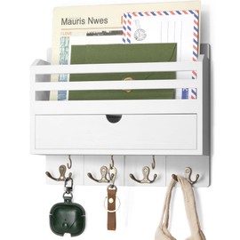 Decorative Mail Organizer Wall Mount - Modern Key and Mail Holder for Wall with Drawer Organizer and 7 Key Hooks - Wall Decor Living Room for Apartment Essentials (White)
