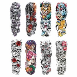 8 Sheets Temporary Tattoos for Men and Women Full Arm, Waterproof Temp Tiger Dragon Fish Skull Tattoo Stickers Adults, Hand and Body Art Flower Animal