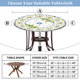 Kamoor Lemon Round Fitted Tablecloth with Elastic Edge Summer Outdoor Tablecloth Waterproof Table Cover for Picnic Dinner Party Decor Fits 48-52" Diameter Round Tables
