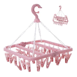 Rainfordhoma Clothes Drying Rack with 32 Clips, Foldable Hanging Rack, 360° Rotatable Hook for Drying Socks Baby Clothes Towels Gloves(Light Pink)