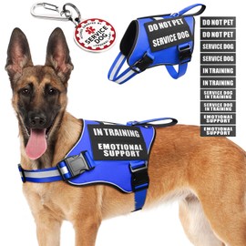 MOOGROU Service Dog Vest Harness+ID Tag+10 Patches,Metal Serivce Dog Tag&Reflective Emotional Support Dog Vest with Handle for Large Dogs,Easy Put On/Off for Training/Walking/Everyday Blue L