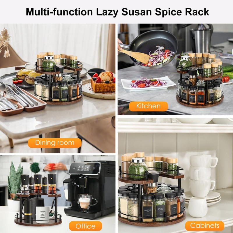 Turntable Lazy Susan Organizer Spice Rack, 2Tier Wooden Spinning Revolving