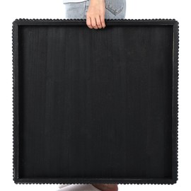 Nuogo Extra Large Square Ottoman Table Tray with Wooden Bead 24 x 24 Inch Washed Wooden Serving Tray Multifunction Decorative Square Ottoman for Coffee Table Platter Room Kitchen Counter (Black)