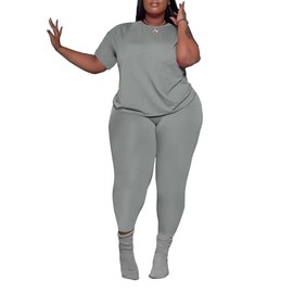PINSV Women's Plus Size 2 Piece Outfits Tracksuits Short Sleeve Top Pants Sets Sweatsuits Grey 3XL