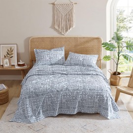 Indigo Ink - Queen Size Sheet Set, 4-Piece Boho Geometric Patterned Bedding, Soft & Wrinkle Resistant (White Denim Collection, Navy Blue)