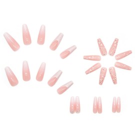 French Tip Press on Nails Long Fake Nails White Heart False Nails Valentine’s Day Acrylic Nails with Rhinestone Designs Full Cover Glossy Stick on Nails Glitter Cute Glue on Nails for Women and Girls