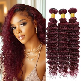 BilltiiWW 99j Human Hair Burgundy Deep Wave Bundles Wine Red Human Hair Deep Wave Bundles Brazilian Wet and Wavy Soft Silky for Black Woman 12 14 16 Inch