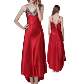 ASHER FASHION Satin Nightgowns for Women Long Silk Nightdress Vintage Lace Chemise Maxi Sleepwear Red XXL