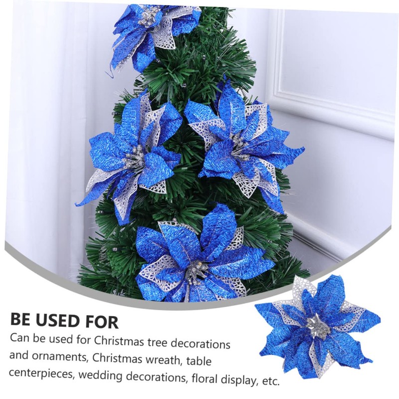 Ciieeo 5Pcs Blue Hexagonal Gold Thread Christmas Decorative Flowers for