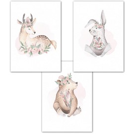 Lemmami Stationery Set of 3 Wall Pictures Children's Room Baby Room Poster Pictures DIN A4 Girls Boys Boho Decoration Bear Deer Rabbit (Set of 3 Pictures Set Pink, Pastel, Wall Decor)