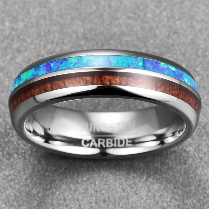 Corato Blue Opal Tungsten Wedding Band Domed 6MM Hawaiian Wood