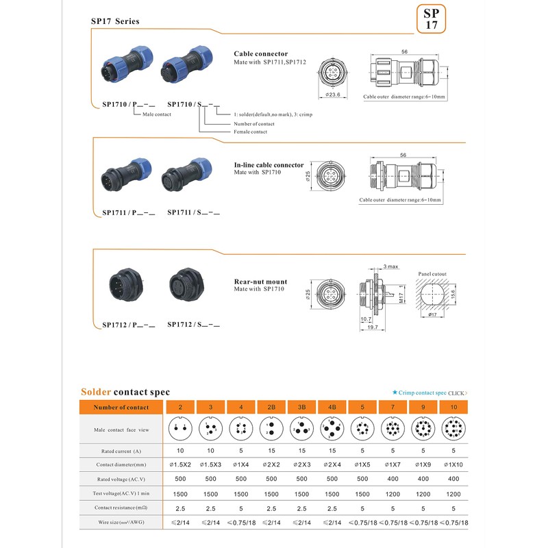 HangTon SP17 7 Pin Connector 5A Power Aviation Circular Threaded