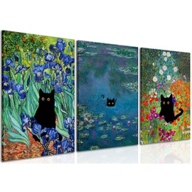 Monet Wall Art Set of 3 - Funny Cat in Water Lilies Canvas Paintings Prints, Garden Flowers Black Cat Aesthetic Pictures for Room Bedroom Living Room Bathroom 16x24 Framed