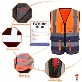 AYKRM 21 Colours Safety Vest Reflective Safety Vest with Reflective Strips with Zip and Pockets Work Vest, Orange and navy
