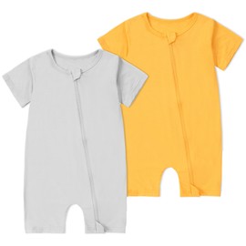 MICHLEY Babycostume Bamboo Short Sleeve Summer Clothes 2 Pack, Unisex Newborn (Yellow/LightGrey, 0-3 Months)