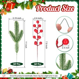 ARTFLWS 30 Pcs Artificial Pine Branches Fake Greenery Pine Picks Artificial Red Berry Stems Christmas Pine Needles for DIY Christmas Garland Wreath Xmas Embellishing Flower Arrangements Decoration