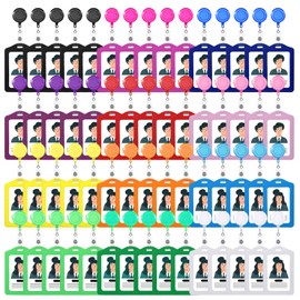 SHENLIU 60 Sets Name Badge Holders with Clip, Multicolor Leather Retractable Badge Reels ID Holder Key Card Holder Vertical for Students Teachers Nurses Doctors