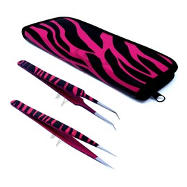 SET OF 2 Stainless Steel Pink Black Zebra 3D Eyelash Extension Tweezers A Type Angled + Pro Straight Fine Point (A2Z)