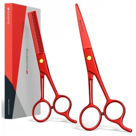 Suvorna 6.5" Professional Hair Scissors Set with Thinning Shears for Hair Dressers, Barbers and Professionals - Extremely Sharp Hair Cutting Scissors Set for Thinning and Layering (Red)