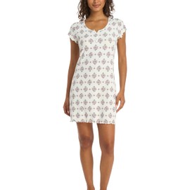 Laura Ashley Women's Nightgown Ribbed Knit Short Sleeve Henley Sleepshirt (Pink Foulard, X-Large)