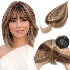 TESS Human Hair Toppers with Fringe, Pony Clip in Hair Toppers for Thinning Hair Women Real Hair, Mono Base Toupee Hair Topper for Women Human Hair, 06 Inch #4P27 Medium brown＆Dark blonde