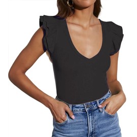 Ezbelle Women's Deep V Neck Ruffle Shirts Knit Tank Work Office Fitted Summer Flutter Sleeveless Tops Short Sleeve Tshirt 2024 Black L